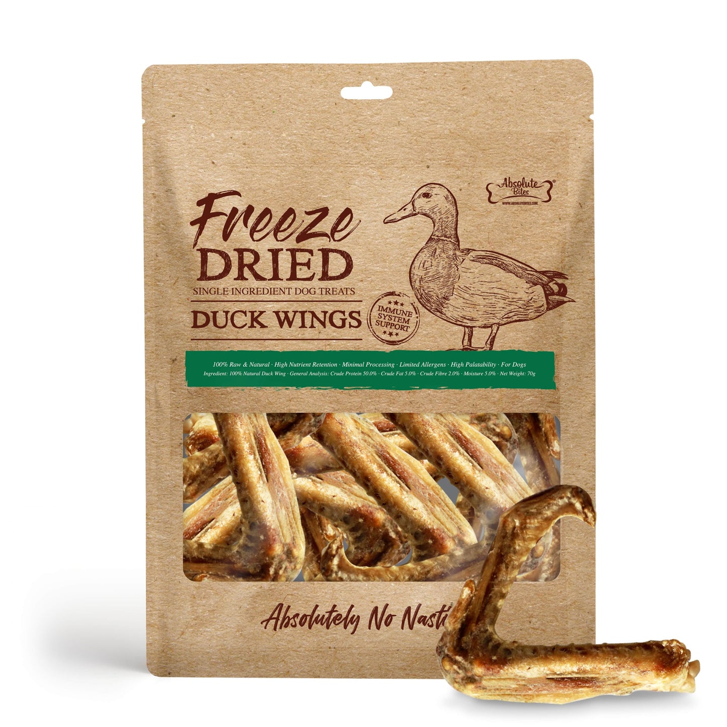 Absolute Bites Single Ingredient Freeze Dried Raw Treats for Cat and Dog - Duck Wings (70g)