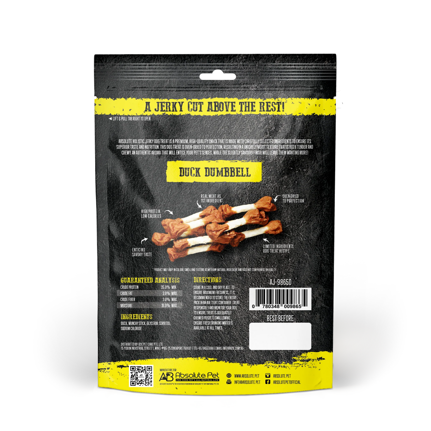 Absolute Holistic Grain Free Treats for Dog - Duck Jerky Dumbbell (100g)